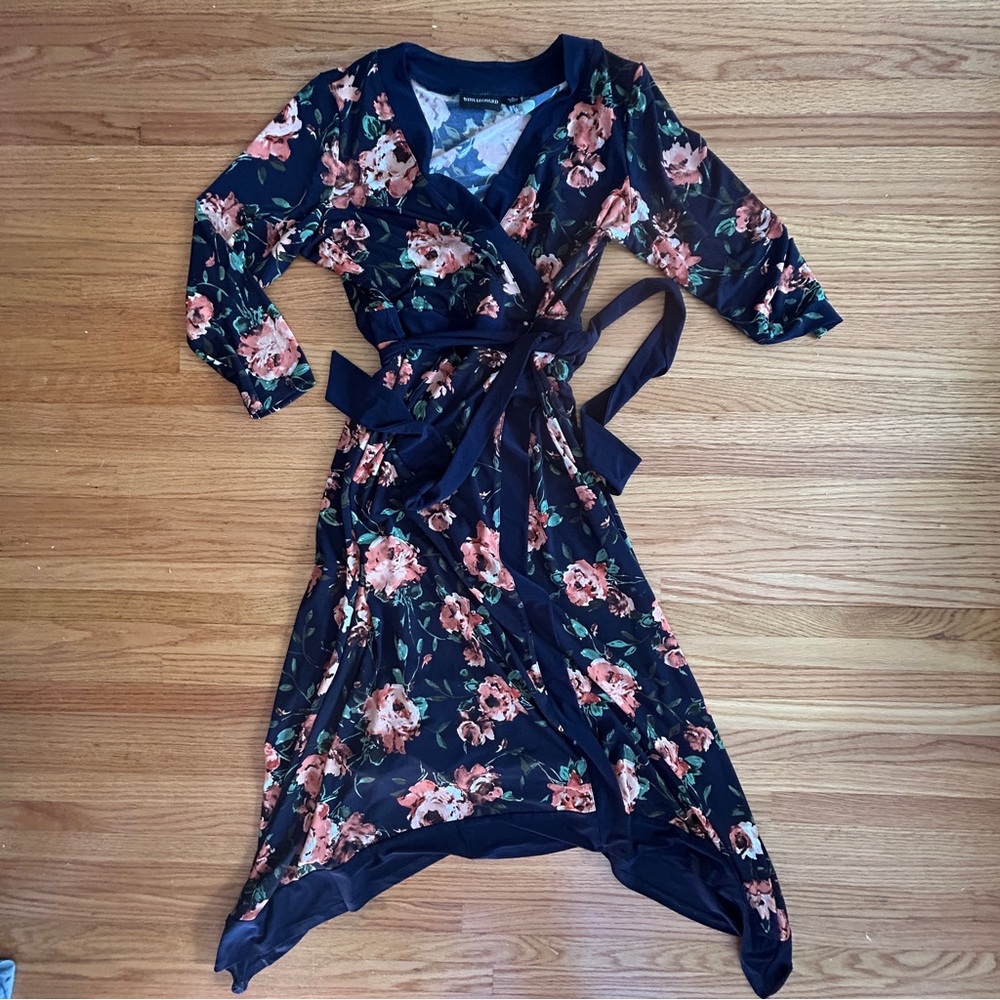 Nina Leonard Navy Floral Asymmetrical Dress